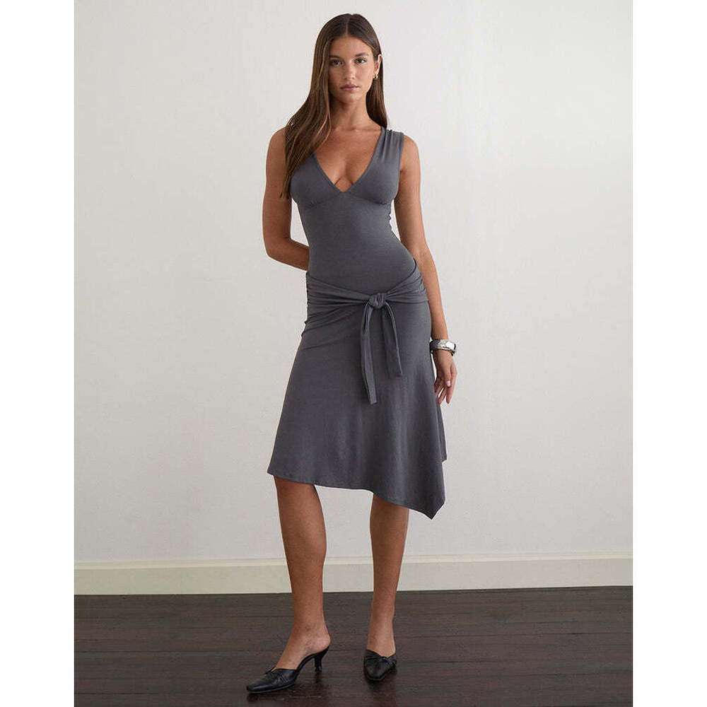 Motel Rocks Philipa Asymmetric Midi Dress in Jersey Charcoal Grey Size XXSXXS